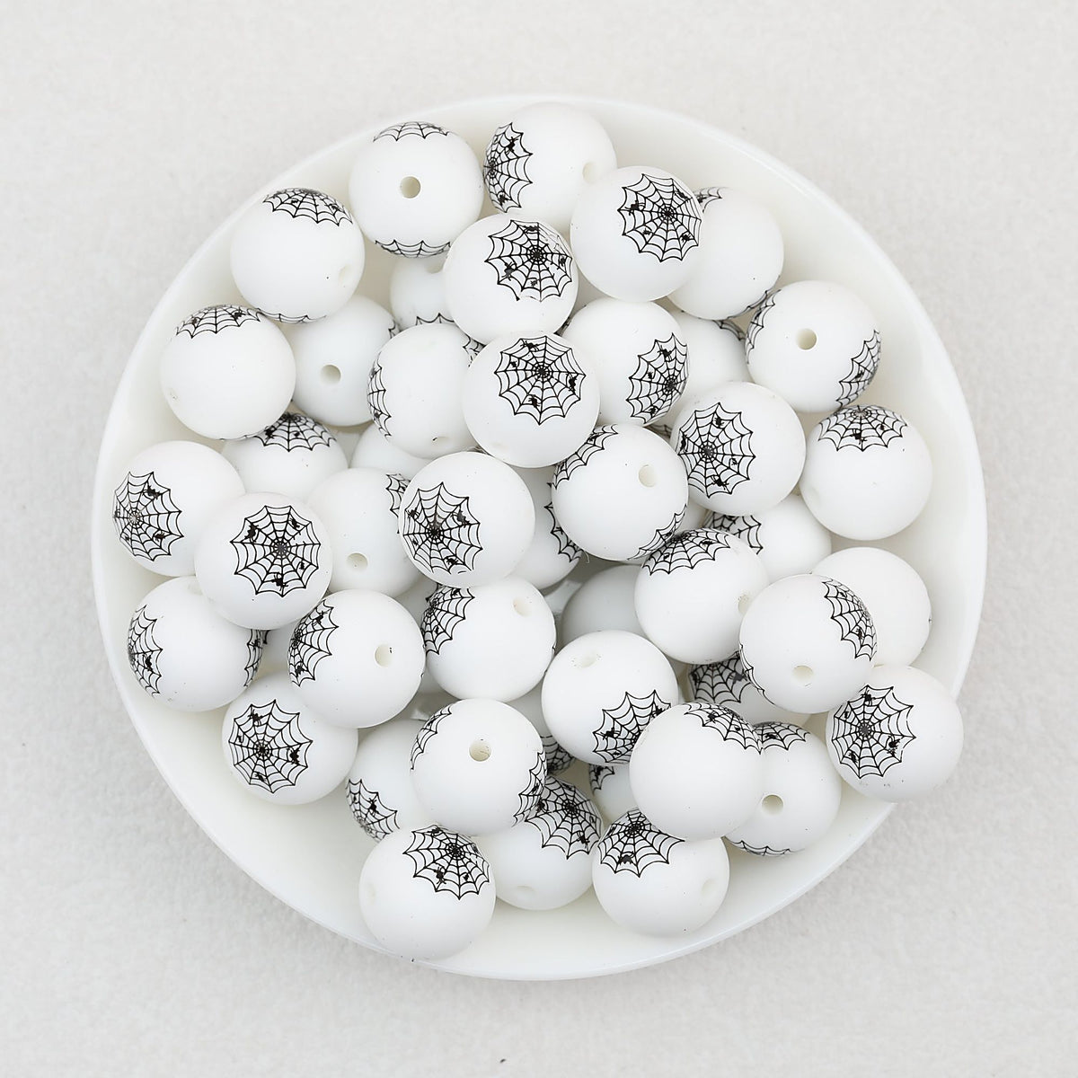 15mm Halloween Spider Web Printed Silicone Beads White Black 50pcs - Medium Web
