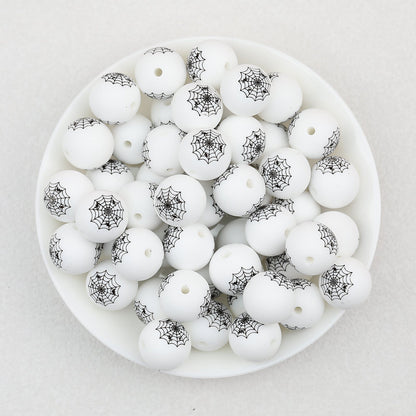 15mm Halloween Spider Web Printed Silicone Beads White Black 50pcs - Medium Web
