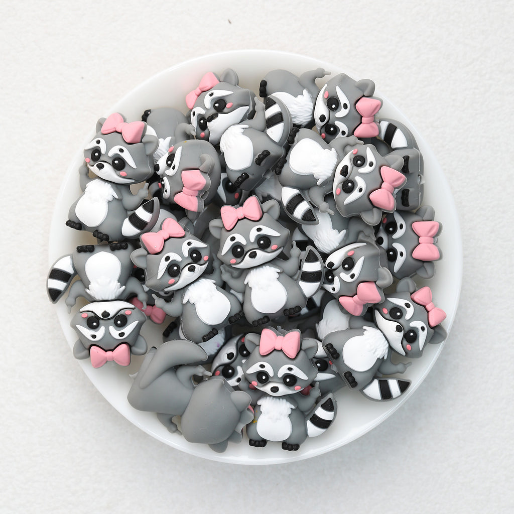 3D Animal Silicone Focal Beads Wholesale, Pink Bow Raccoon Design
