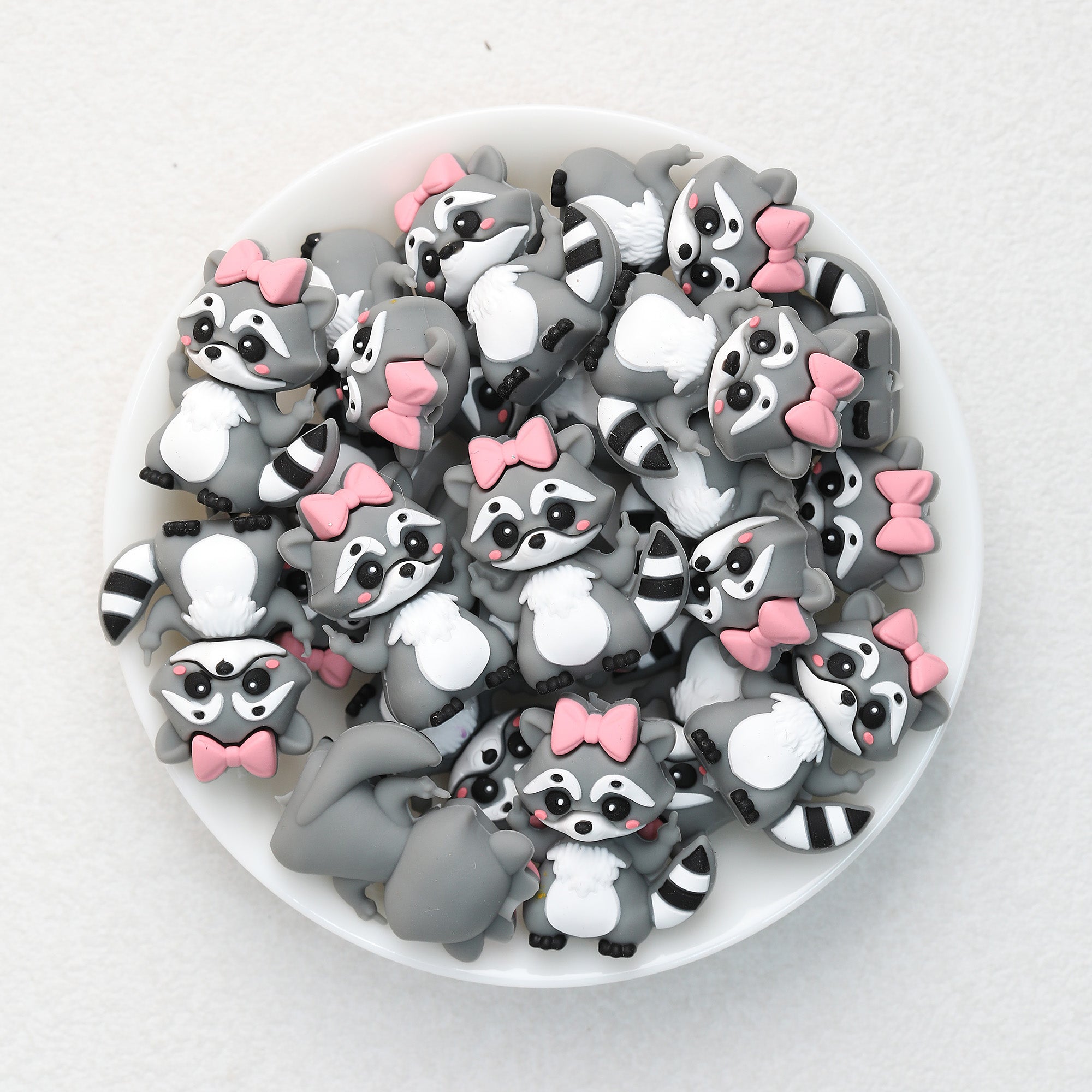 3D Animal Silicone Focal Beads Wholesale, Pink Bow Raccoon Design
