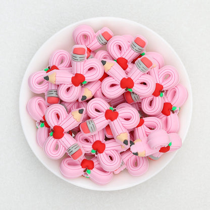 3D Colored Pencil Bow Silicone Focal Beads 20pcs - Pink