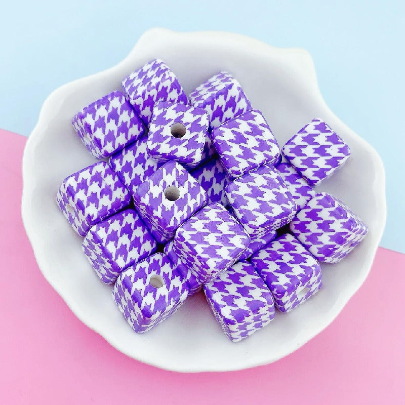 Houndstooth Square Acrylic Beads 16mm Colorful Pattern 10pcs 10