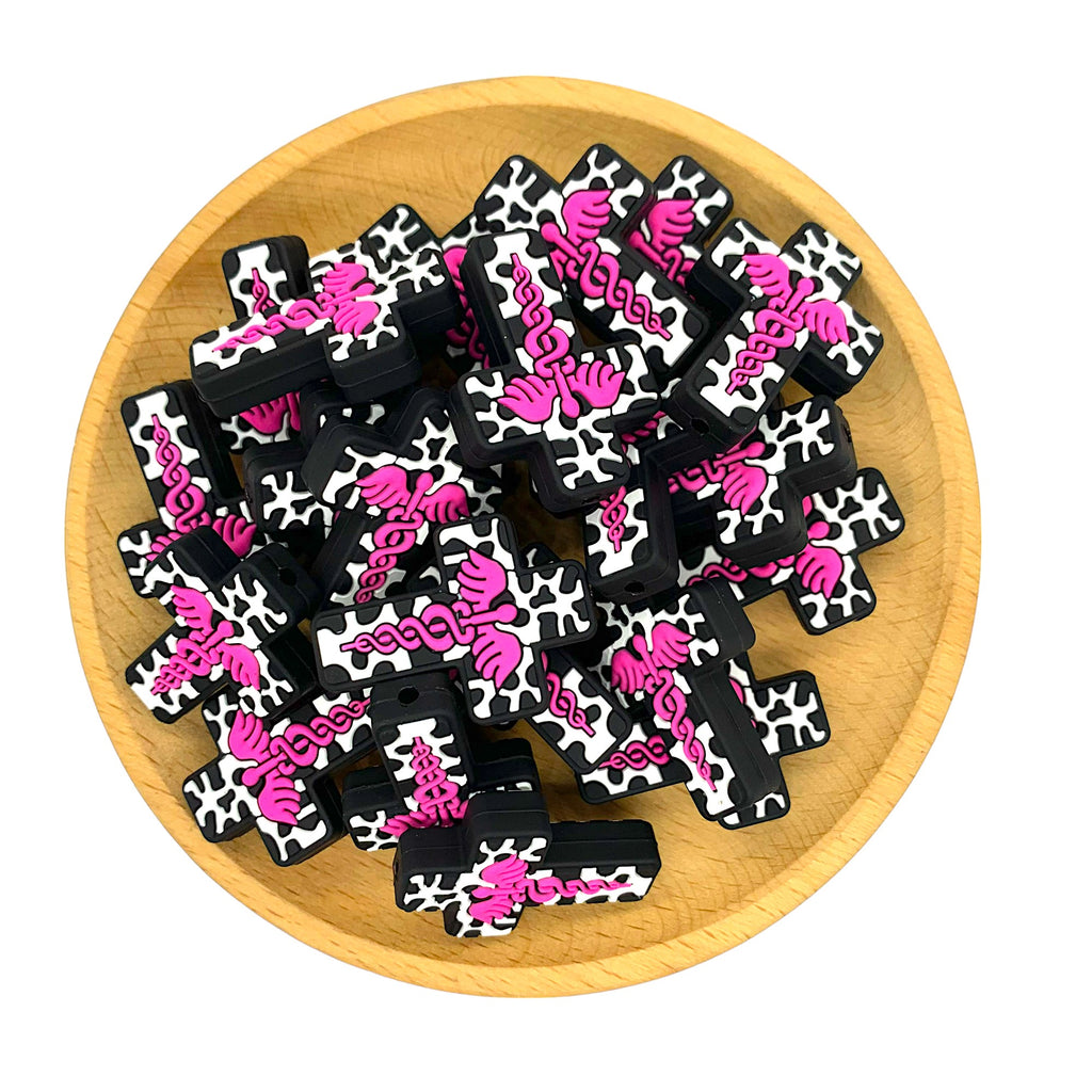 Silicone Focal Beads Nurse Cross With Cow Print Pink Caduceus 20pcs 2