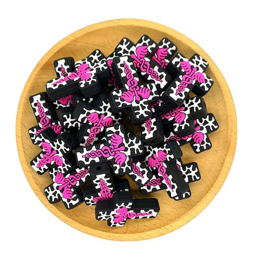 Silicone Focal Beads Nurse Cross With Cow Print Pink Caduceus 20pcs 2