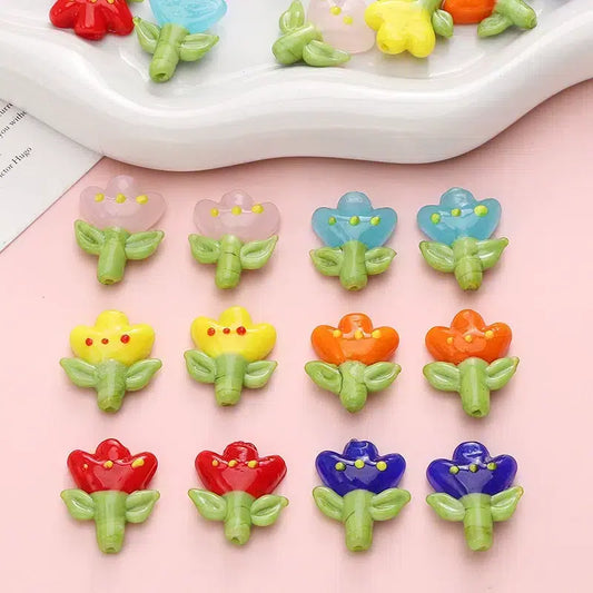Lampwork Glass Beads 3D Tulip 22mm Handmade Assorted Colors 10pcs