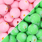 15mm Pink and Green Daisy Printed Silicone Beads 50pcs
