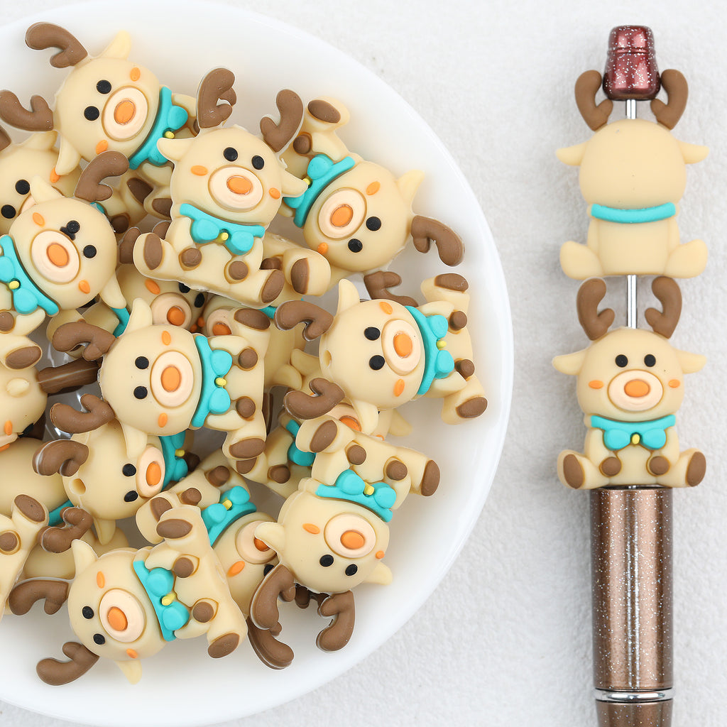 3D Christmas Reindeer Silicone Focal Beads Wholesale, Turquoise Bow Brown Antlers