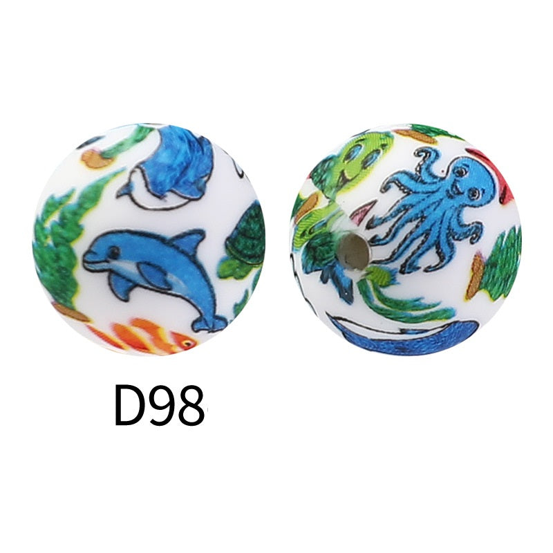 50Pcs 15mm Colored pattern printed silicone beads 100
