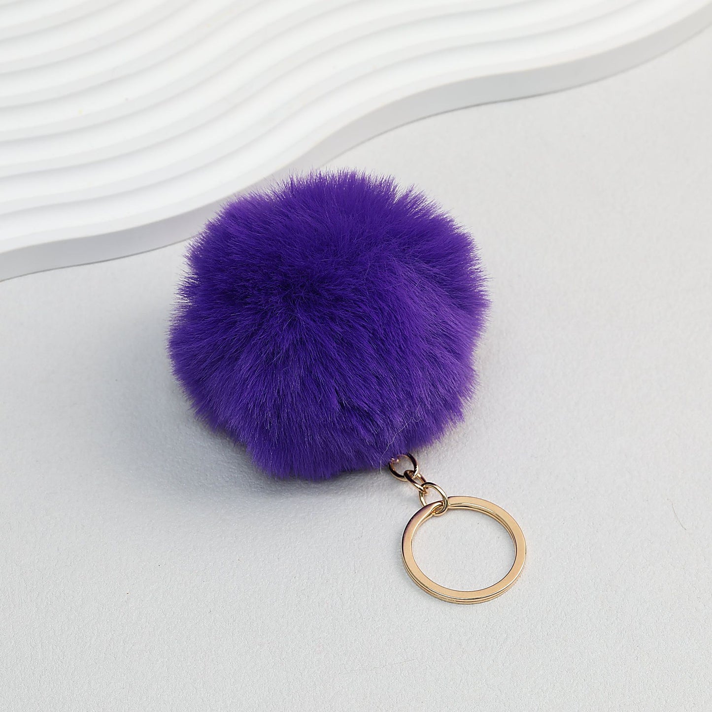 Pom Pom Keychain Plush Violet Faux Fur Ball Gold Ring 8cm - Violet