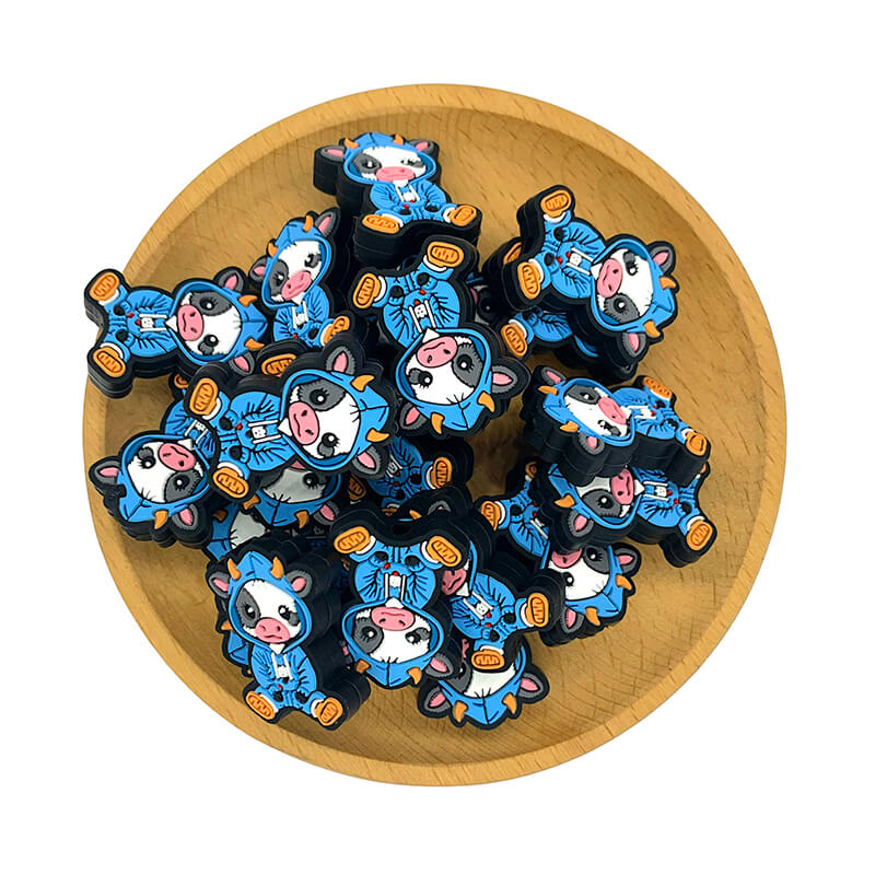 Silicone Focal Beads Halloween Cow Wearing Blue Hoodie 2