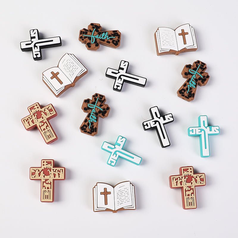 Silicone Focal Beads Bible Cross Leopard Print and Birthday of Jesus 20pcs 3