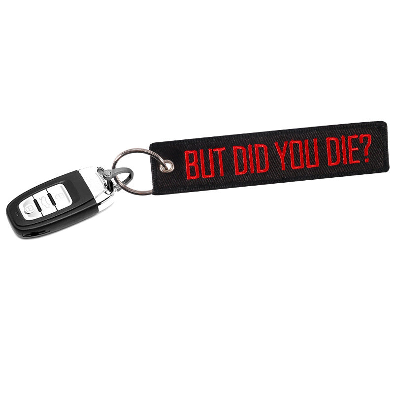 Embroidered Wristlet Keychain Black Fabric Red Lettering 3