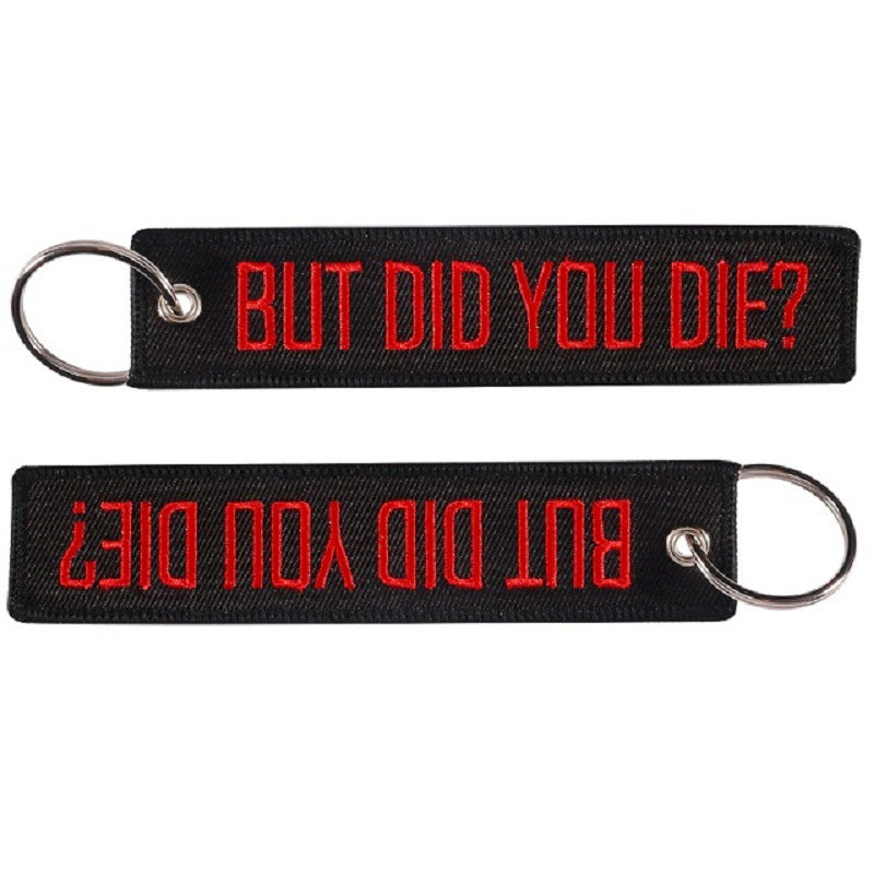 Embroidered Wristlet Keychain Black Fabric Red Lettering 4