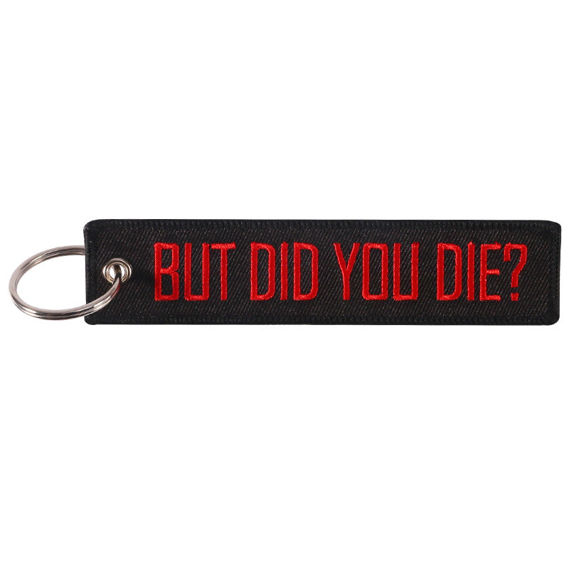 Embroidered Wristlet Keychain Black Fabric Red Lettering 6