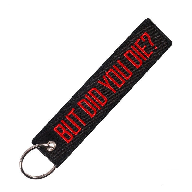 Embroidered Wristlet Keychain Black Fabric Red Lettering