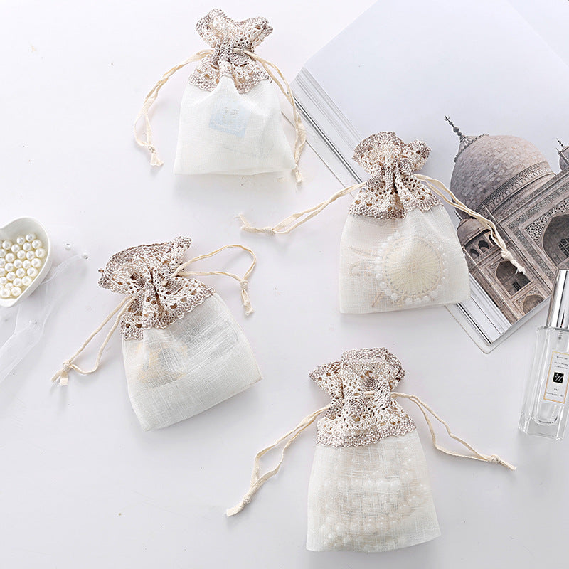 Organza Drawstring Bags 10x14cm Rose Lace Rim Beige 1pc 2