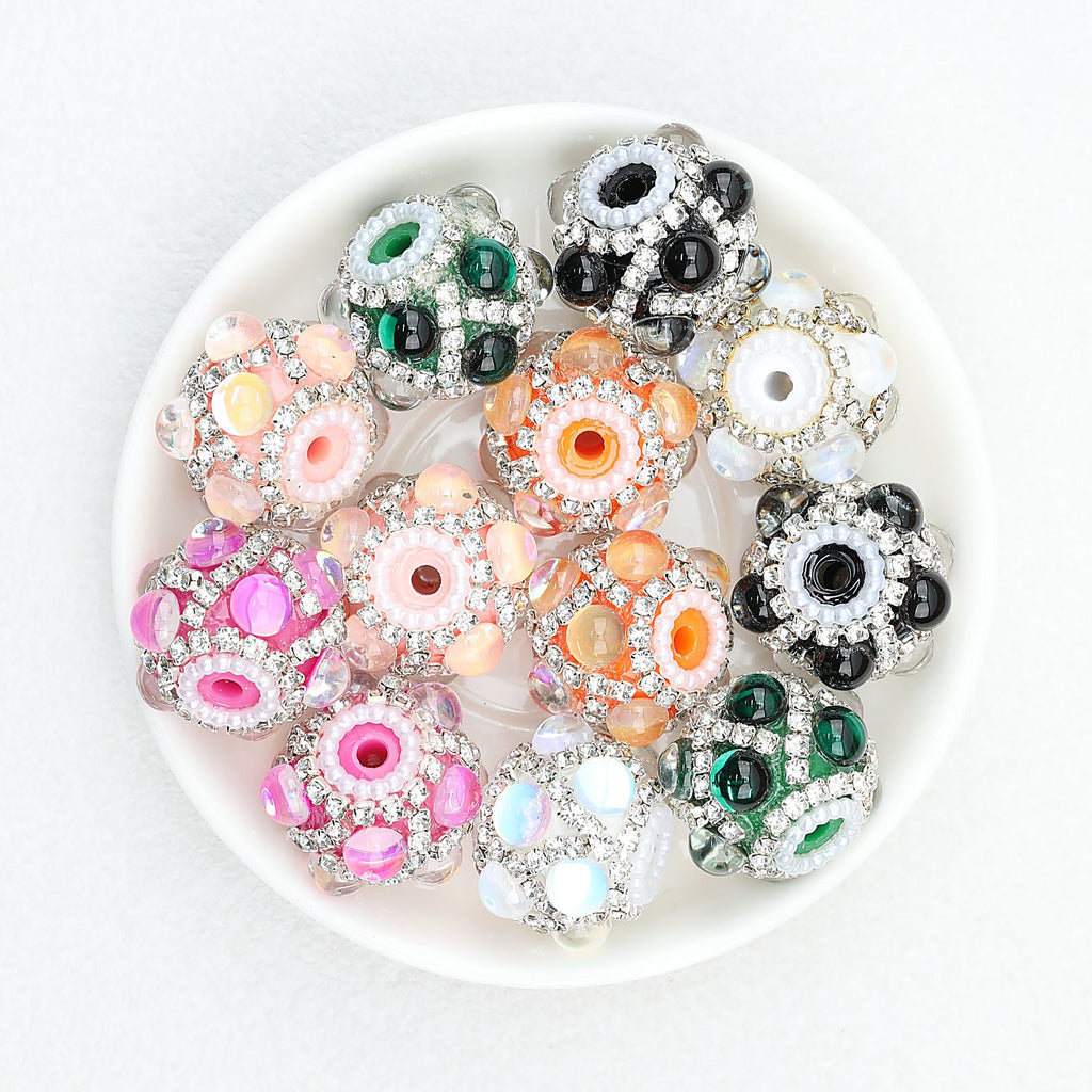 Vintage Cat Eye Acrylic Beads Rhinestone Embellished 22mm 10pcs - Random Color / 22x19mm