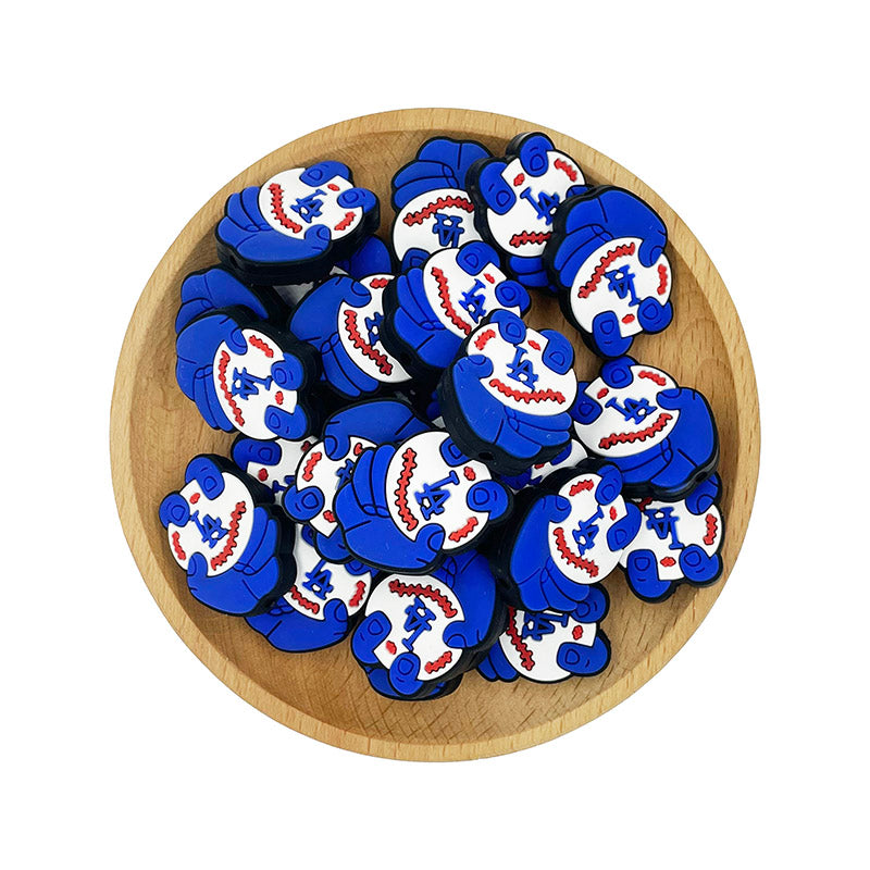 Silicone Focal Beads LA Baseball Blue Hands and Red Stitches 20pcs 2
