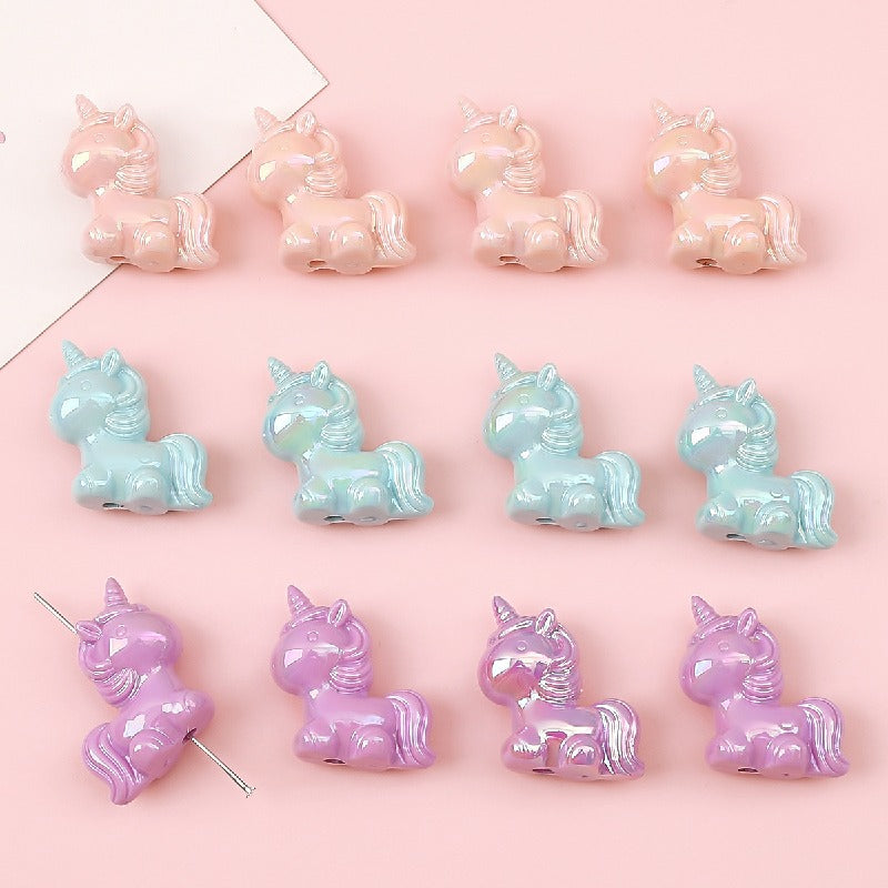 Painted Unicorn Acrylic Beads 25x26mm Pastel Iridescent Shine 4pcs 5