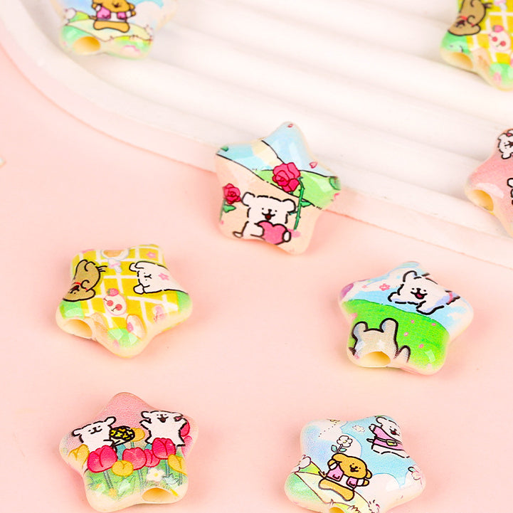 Star Shaped Acrylic Beads 25mm Spring Oil Painting Maltese Pattern 10pcs