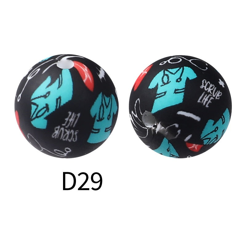 50Pcs 15mm Colored pattern printed silicone beads 31