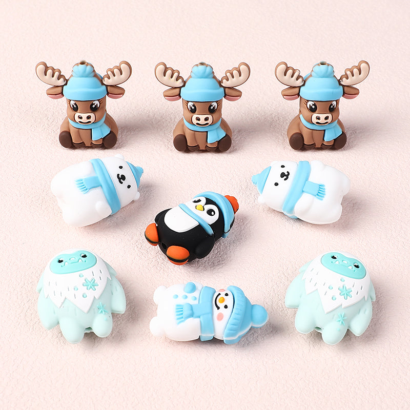 Silicone 3D Focal Beads Winter Theme Polar Bear Snow Monster Wearing Hats 20pcs