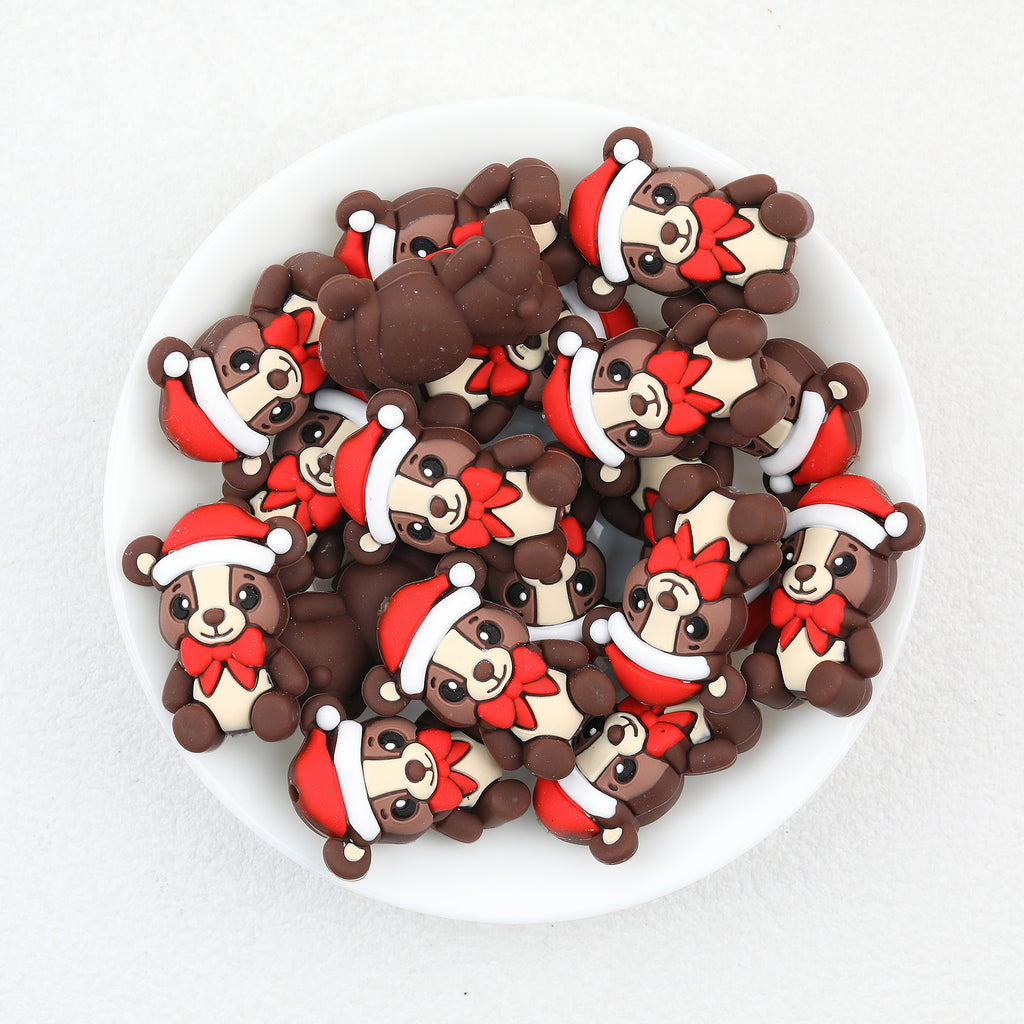 3D Christmas Bear Silicone Focal Beads Wholesale, Teddy Red Bow Tie Design