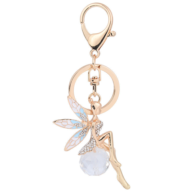 Angel Keychain Enamel Wings Rhinestone Crystal Zinc Alloy 12.5cm 4