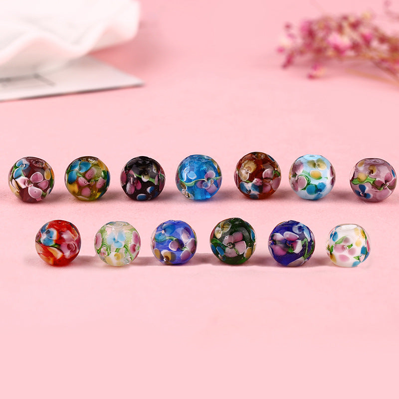 Lampwork Glass Beads Round 12mm Japanese Plum Blossom Pattern 20pcs
