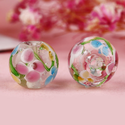 Lampwork Glass Beads Round 12mm Japanese Plum Blossom Pattern 20pcs 17