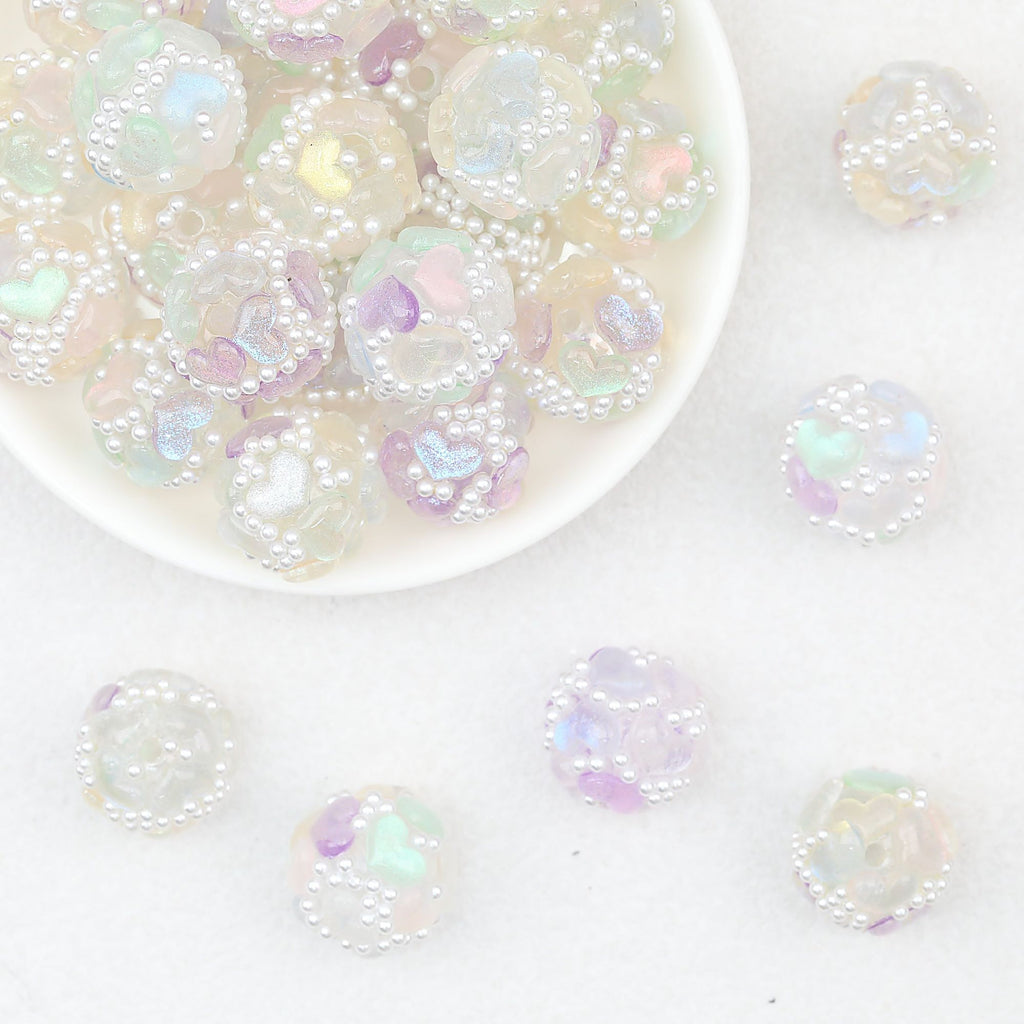 Glitter Pearl Accent Heart Acrylic Round Beads 16mm 25pcs - Random Color