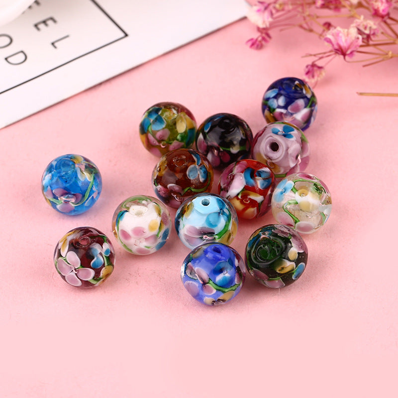 Lampwork Glass Beads Round 12mm Japanese Plum Blossom Pattern 20pcs 2