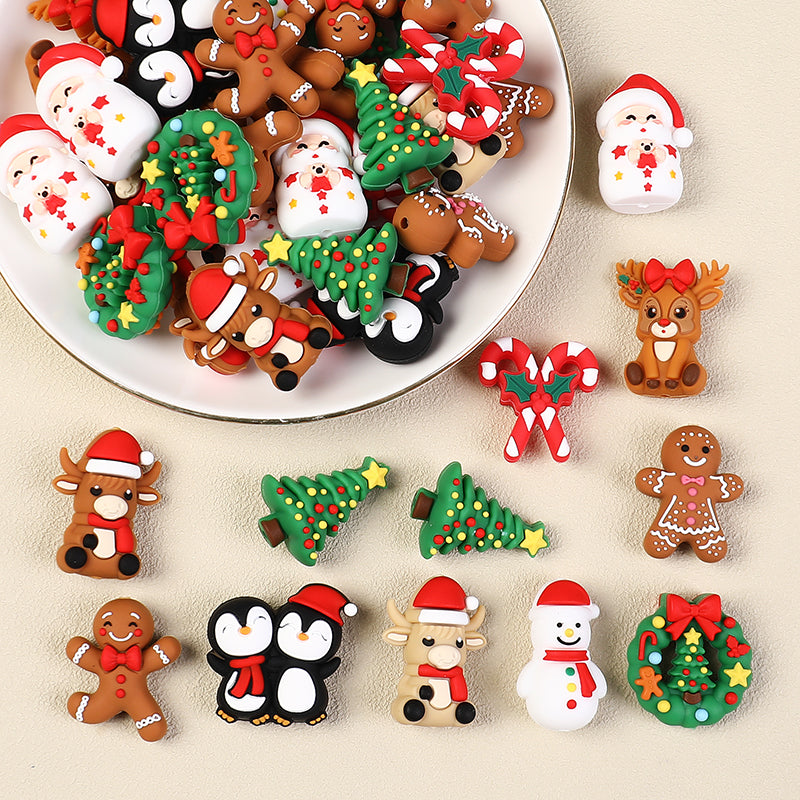 3D Christmas Silicone Focal Beads Holiday Characters Assortment 20pcs