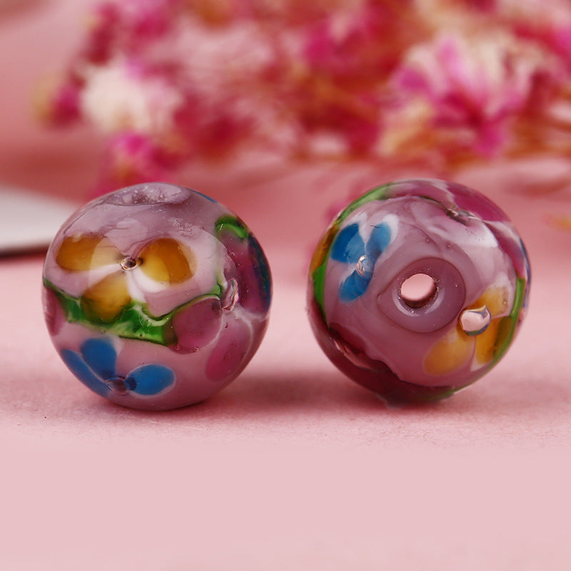 Lampwork Glass Beads Round 12mm Japanese Plum Blossom Pattern 20pcs 10