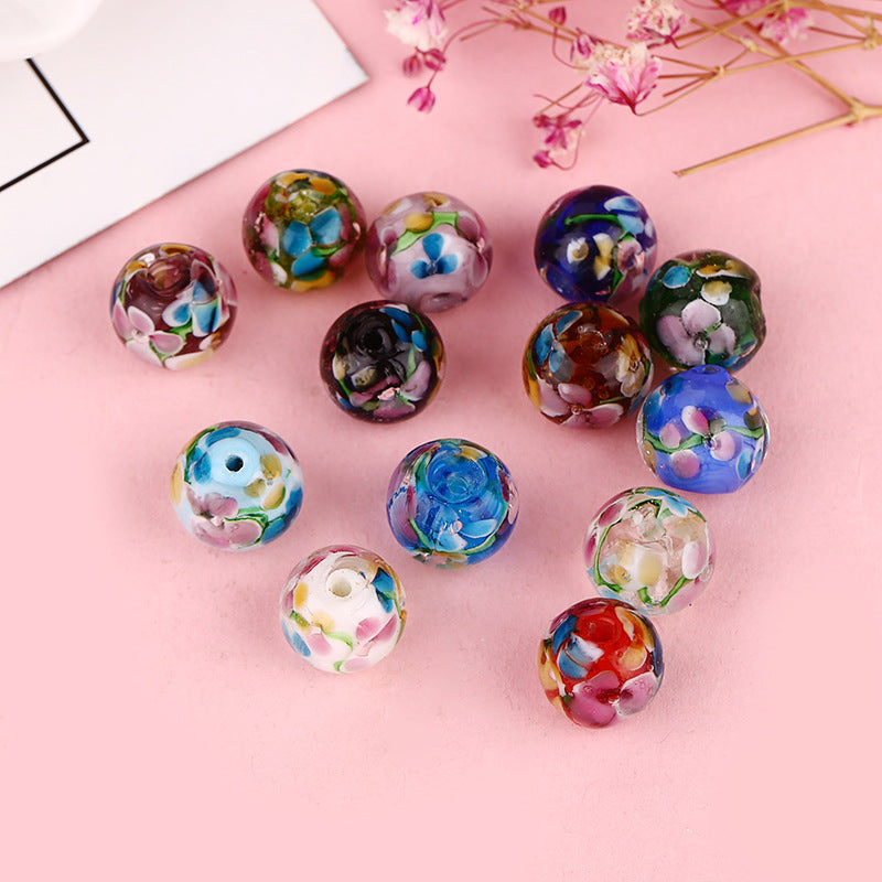 Lampwork Glass Beads Round 12mm Japanese Plum Blossom Pattern 20pcs 3