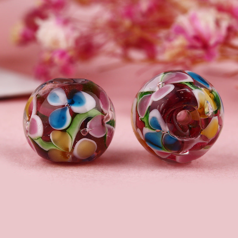 Lampwork Glass Beads Round 12mm Japanese Plum Blossom Pattern 20pcs 16