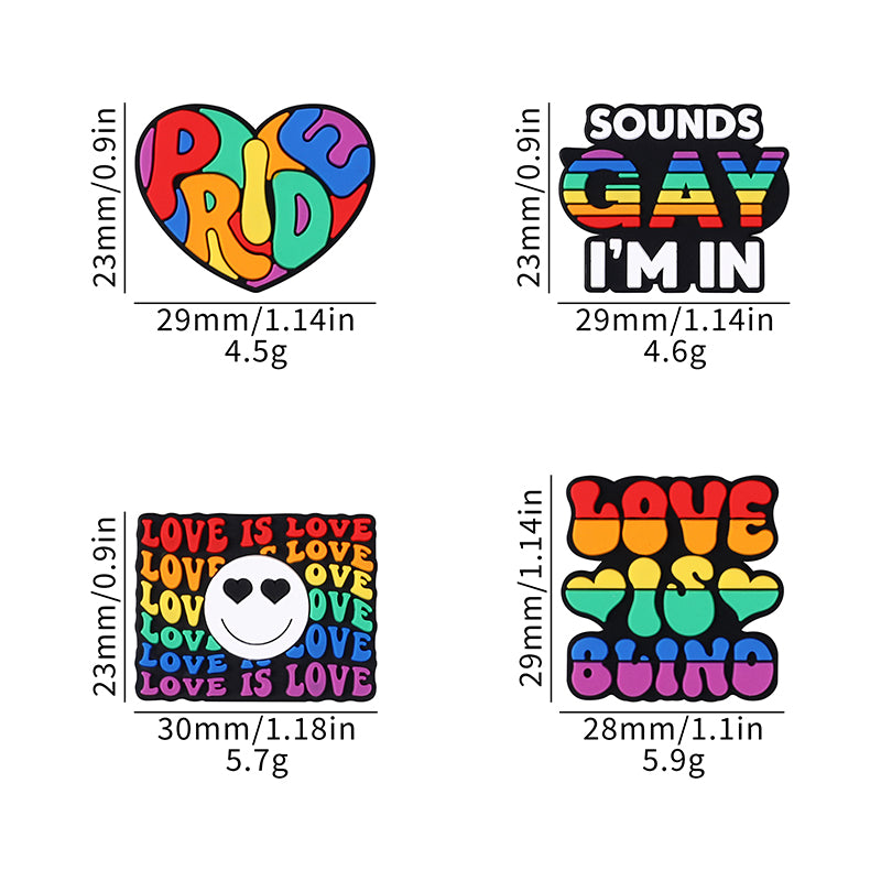 Silicone Focal Beads Rainbow Pride Bold Typography Hearts 20pcs 9