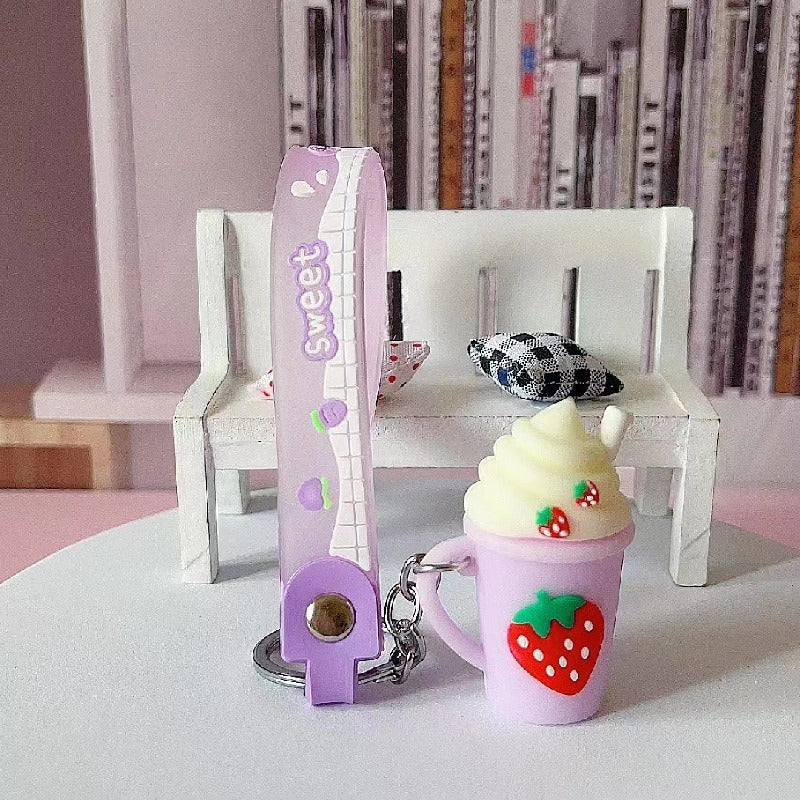 Silicone Strawberry Ice Cream Milk Tea Cup Keychain Pastel Colors 7