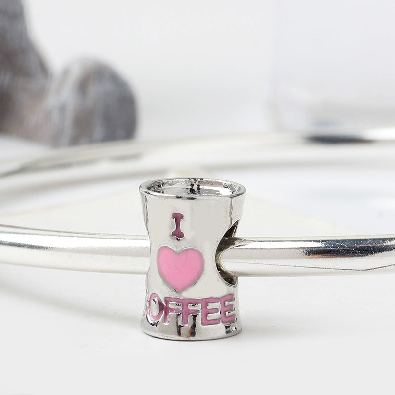 I Love Coffee Metal Beads 12mm Large Hole Enamel Alloy 5pcs 5
