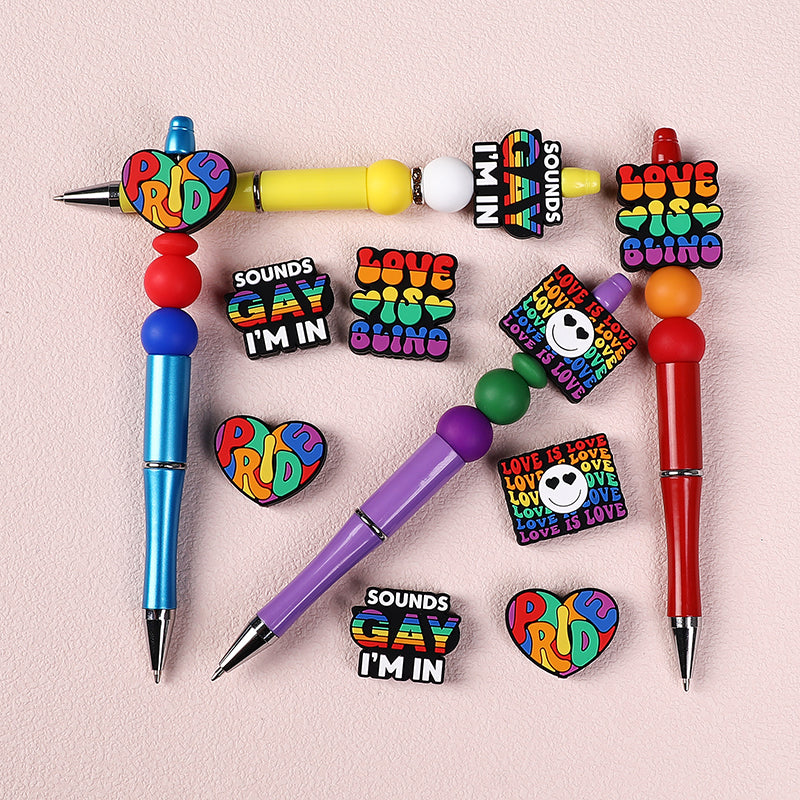Silicone Focal Beads Rainbow Pride Bold Typography Hearts 20pcs 8