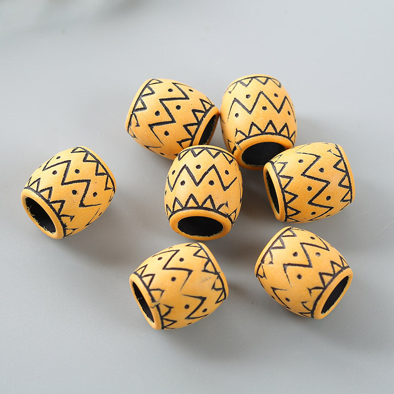 Vintage Patterned Acrylic Beads 15mm Imitation Wood Plastic Dreadlock 10pcs 2