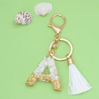 Tassel Letter A Keychain Resin Gold Flakes White Tassel 6