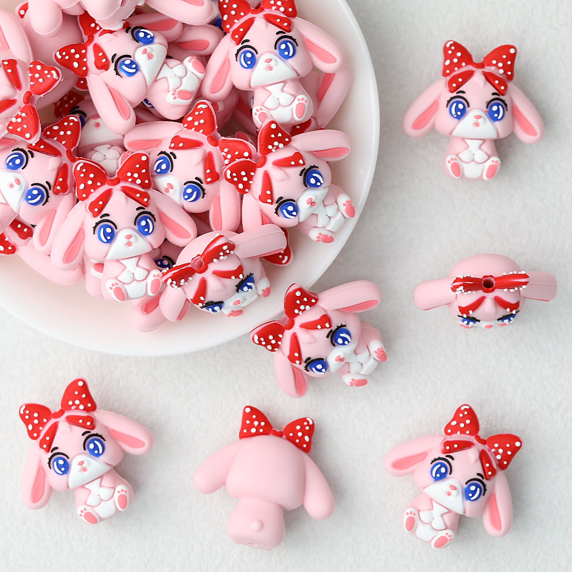 3D Pink Bunny Silicone Focal Beads with Red Polka Dot Bow 20pcs
