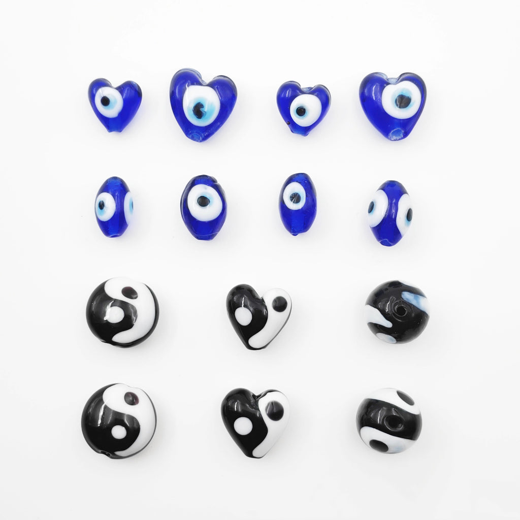 Lampwork Glass Beads Multi Shaped Evil Eye Handmade Blue Black 10pcs