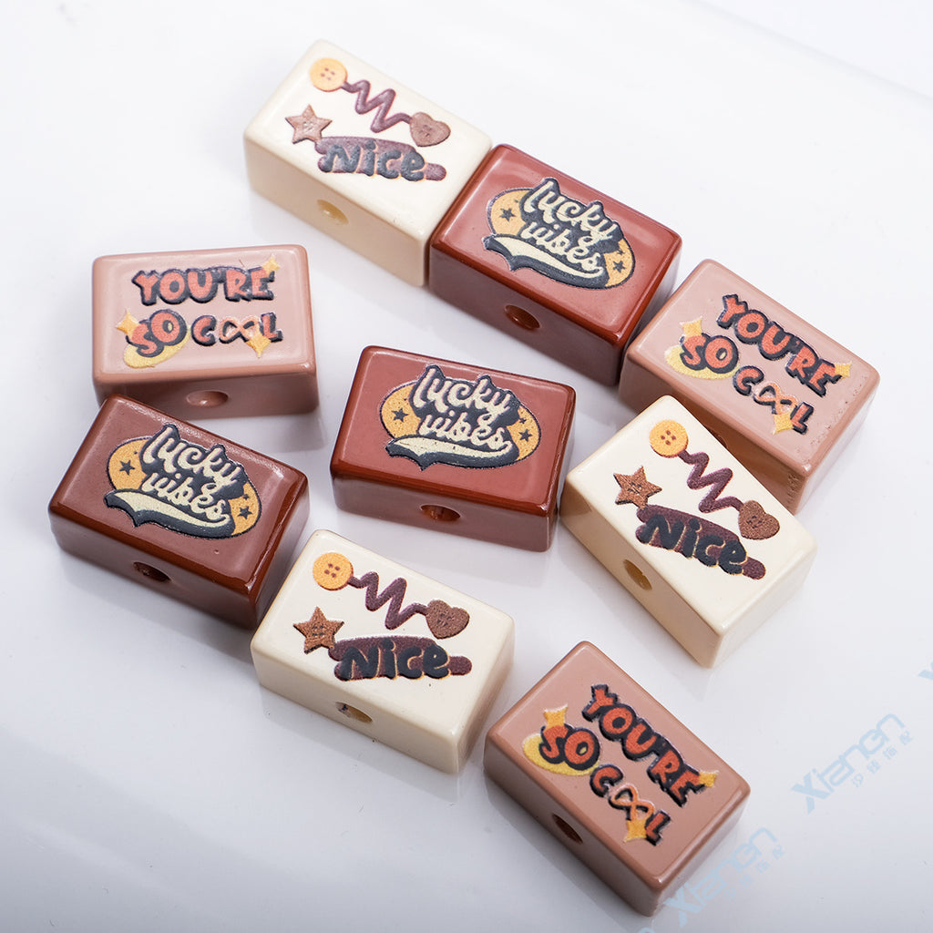 Painted Square Acrylic Beads 21x13x11mm Vintage Plate Design 10pcs 2