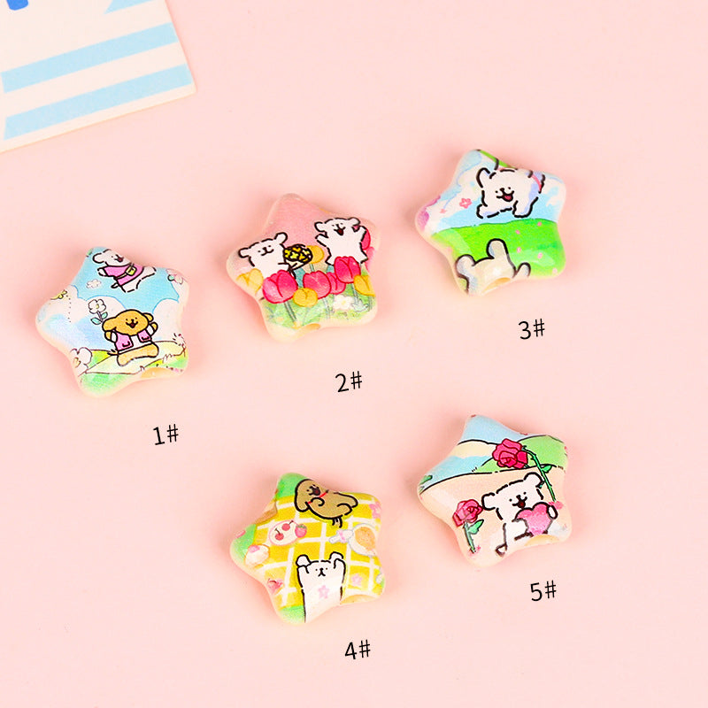 Star Shaped Acrylic Beads 25mm Spring Oil Painting Maltese Pattern 10pcs 6