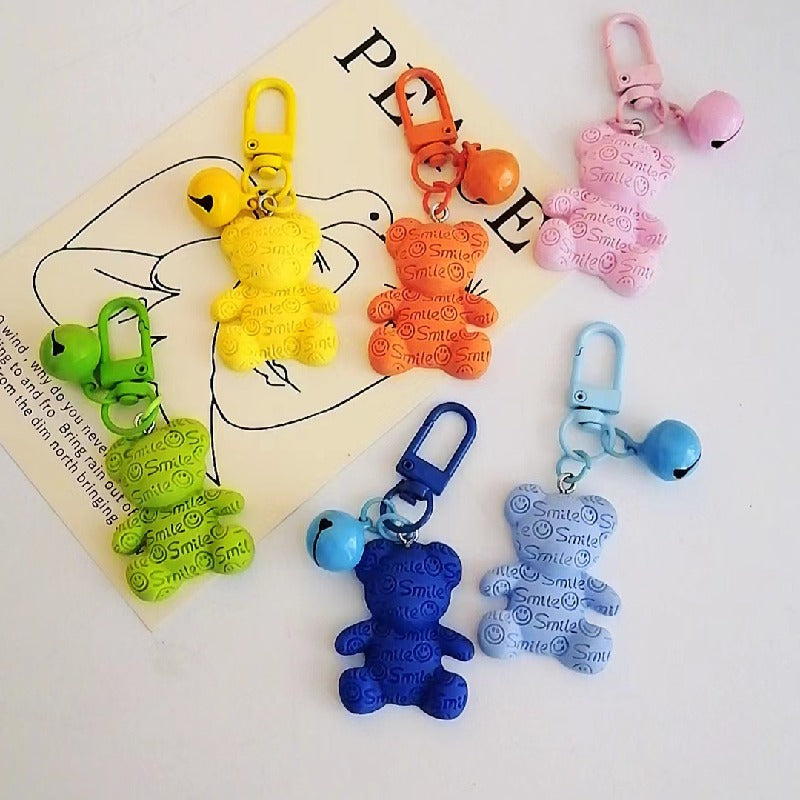 Resin Bear Keychain with Smile Engraving and Bell Charm Colorful
