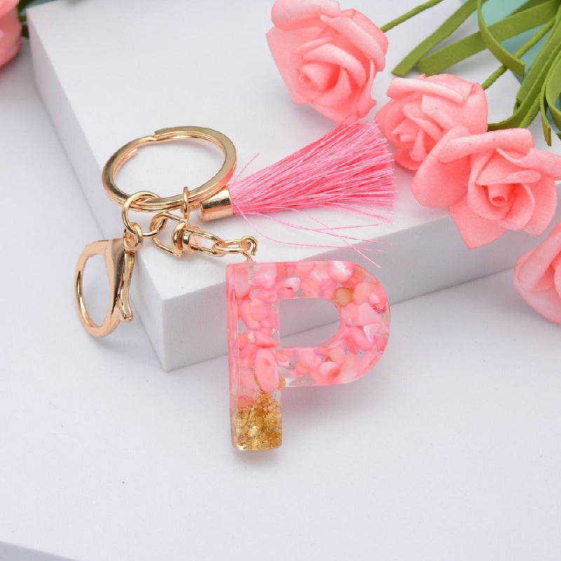 Resin Floral Pink Tassel Monogram Keychain Alphabet Letter A 16