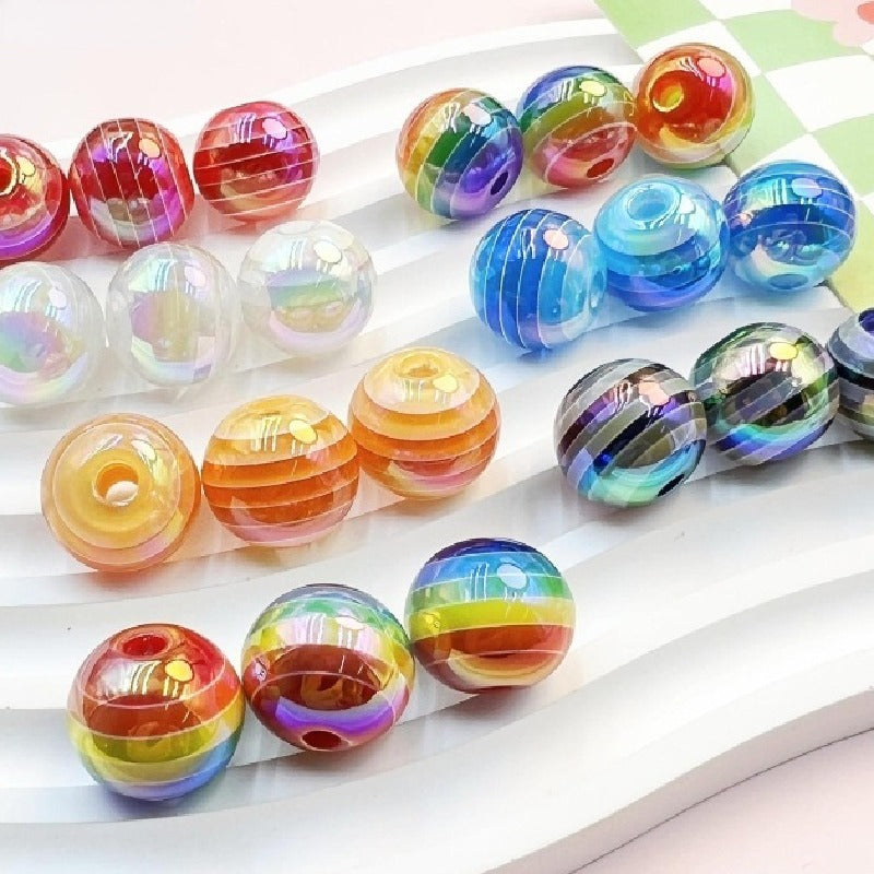 Striped Rainbow Acrylic Beads 16mm Glossy Round 10pcs