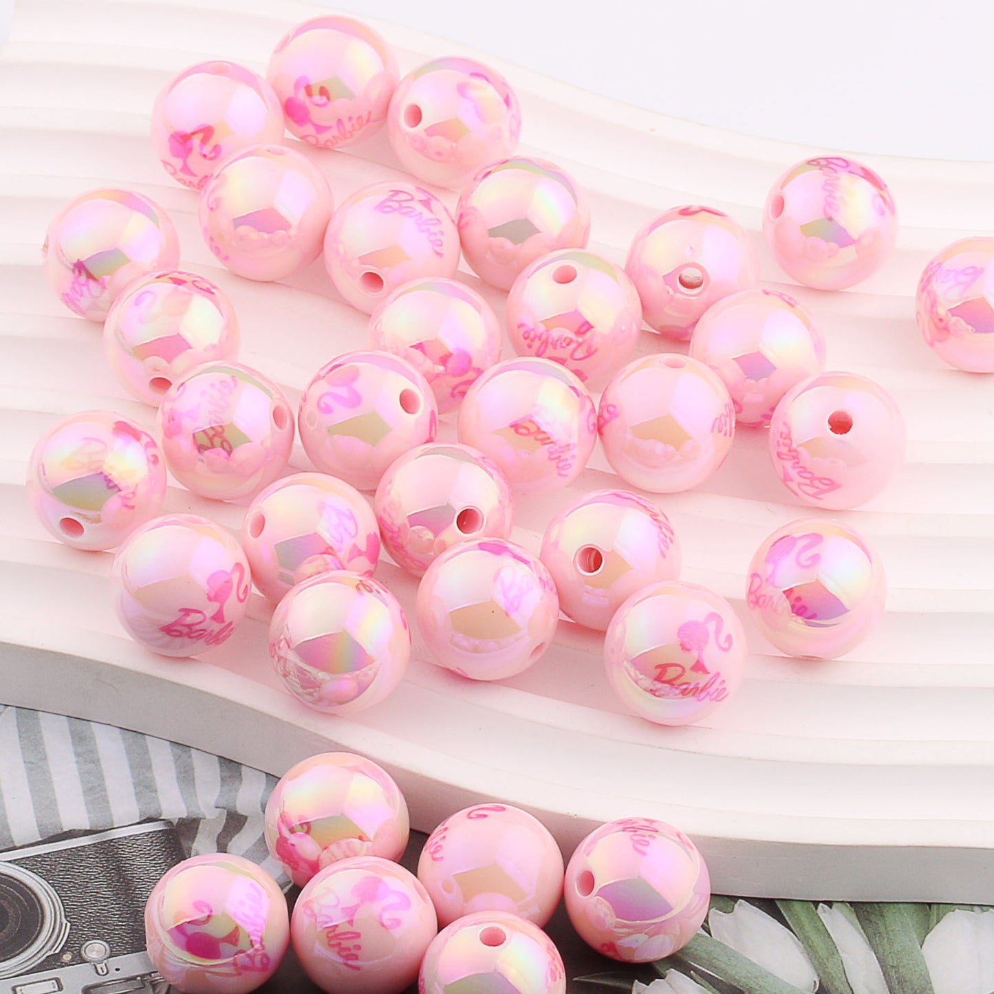 Plating Round Acrylic Beads 16mm UV Barbie Letter Printed 20pcs 6